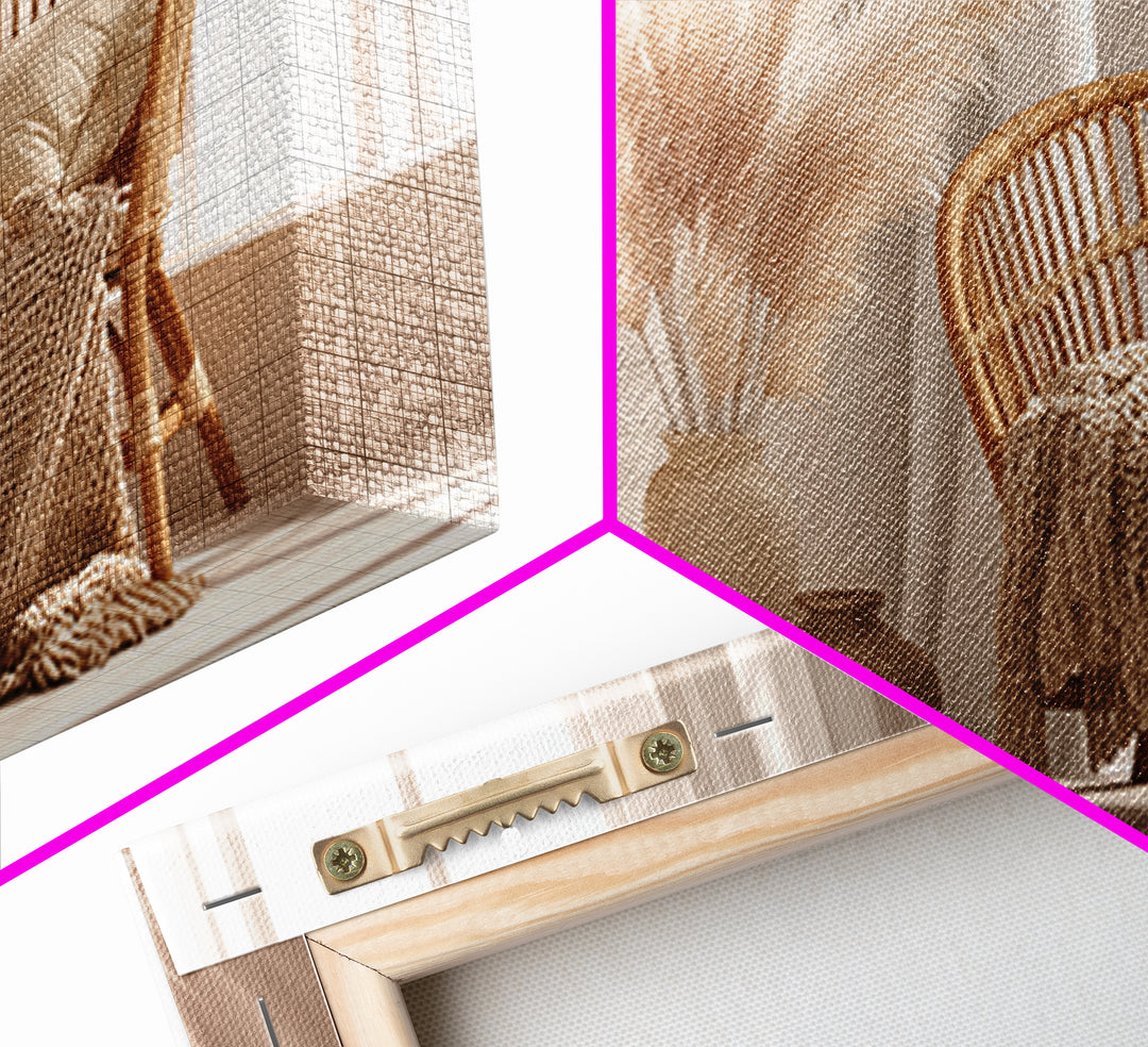 Neutral Wicker Chair With Pampas Grass Canvas Print, Boho Bedroom Wall Art, Cozy Minimalist Decor For Modern Living Room