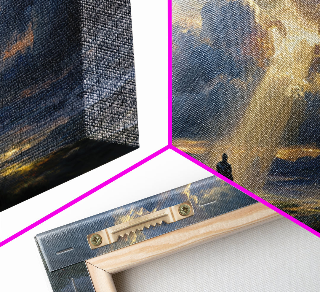 Lone Wanderer Beneath Radiant Storm Clouds Wall Art, Dramatic Fantasy Landscape Print, Moody Sky Living Room Decor, Gift For Him