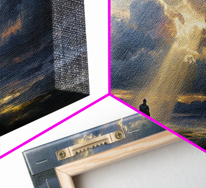 Lone Wanderer Beneath Radiant Storm Clouds Wall Art, Dramatic Fantasy Landscape Print, Moody Sky Living Room Decor, Gift For Him