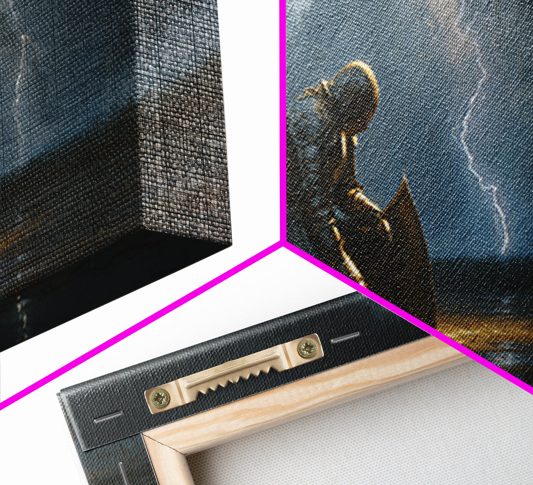 Kneeling Knight In Storm Framed Canvas Print, Dark Fantasy Wall Art, Lightning Rain Medieval Decor, Gothic Gift For Him, Office Decor