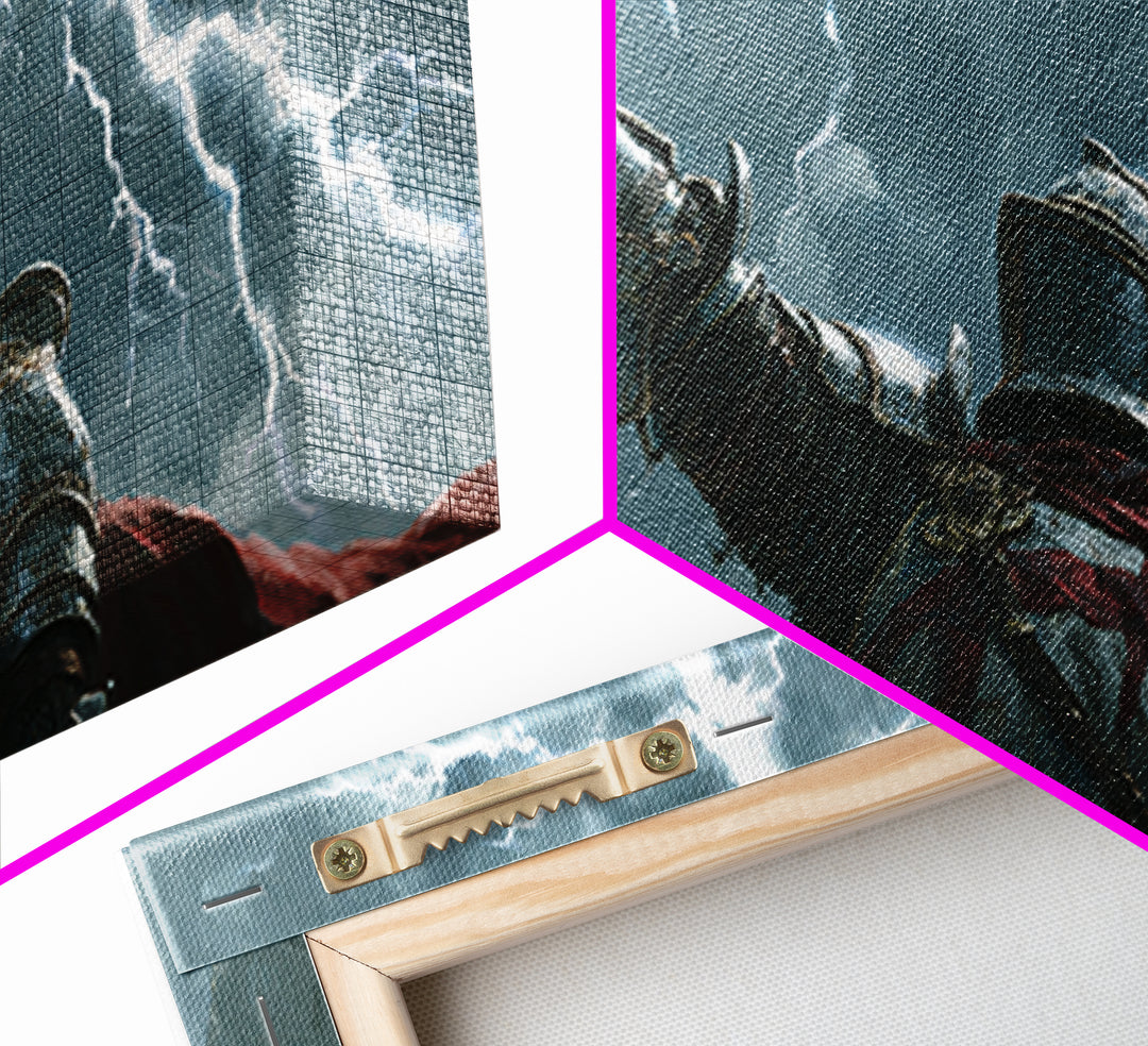 Storm Knight Raising Sword Canvas Print, Medieval Warrior Lightning Scene, Dark Fantasy Wall Art, Gaming Room Decor, Gift For Him