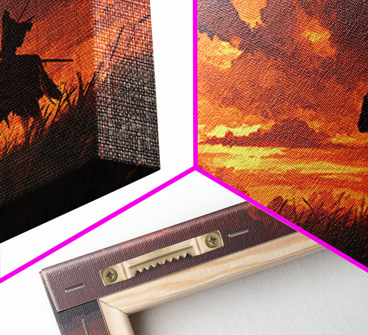 Lone Horseman At Fiery Sunset Wall Art, Western Cowboy Canvas Print, Rustic Landscape Decor, Masculine Office Gift For Him