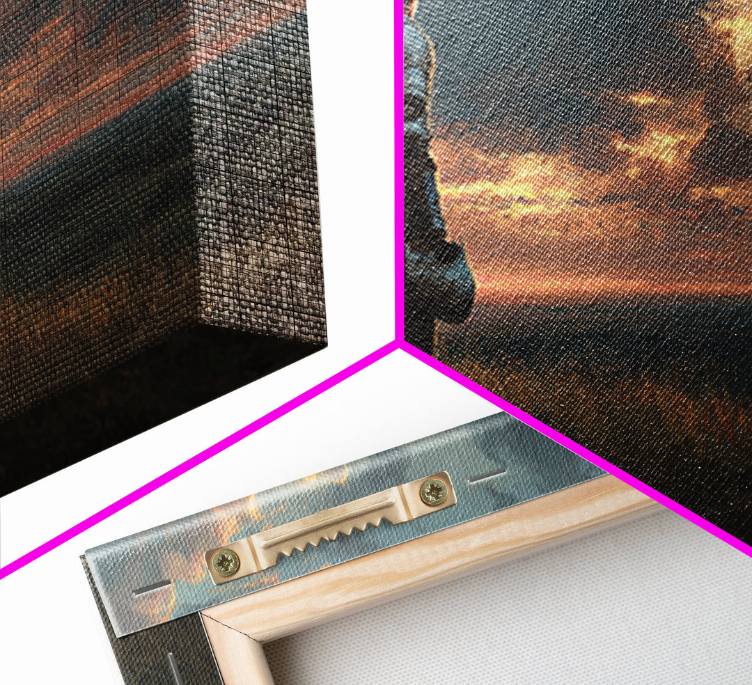 Solitary Knight At Sunset Framed Canvas Print, Medieval Fantasy Landscape Wall Art, Dramatic Medieval Home Decor Gift For Him