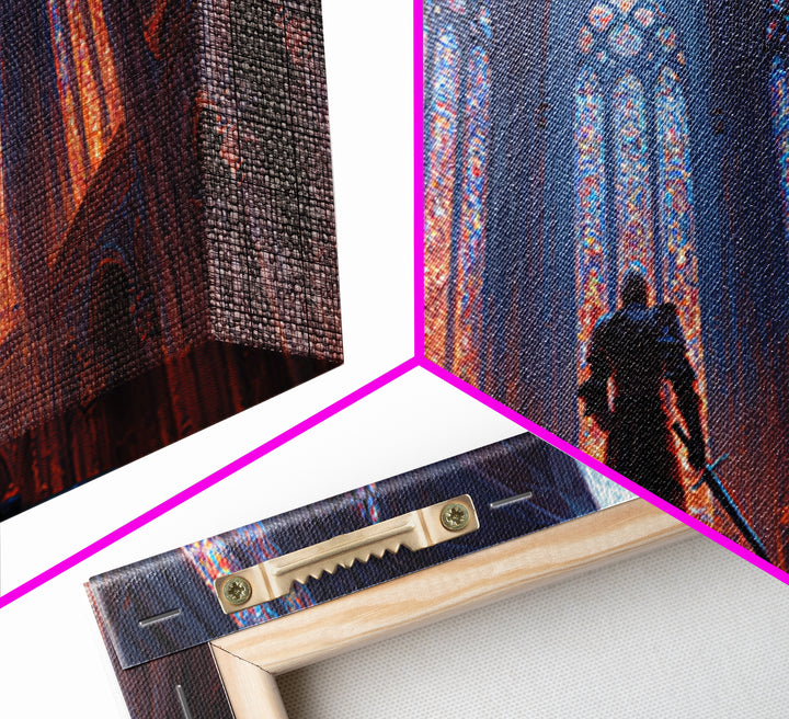 Gothic Cathedral Knight Wall Art, Stained Glass Framed Canvas Print, Medieval Fantasy Decor, Dark Academia, Statement Art
