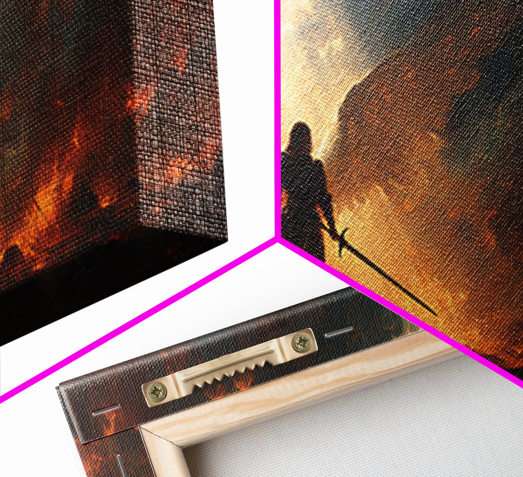 Warrior Angel With Flaming Wings Canvas Print, Dark Fantasy Wall Art, Epic Spiritual Decor, Gothic Battle Gift Idea For Him