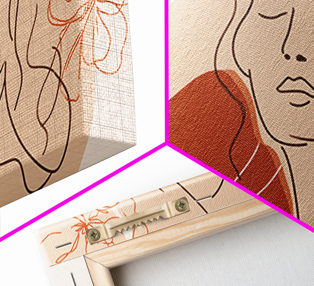 Terracotta Woman Line Art Canvas Print, Floral Feminine Wall Art, Boho Bedroom Decor, Abstract Portrait Gift For Her, Modern Home Decor