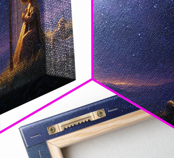 Shepherd Playing Harp Under Stars Wall Art, Biblical Canvas Print, Peaceful Night Landscape Decor For Bedroom And Nursery