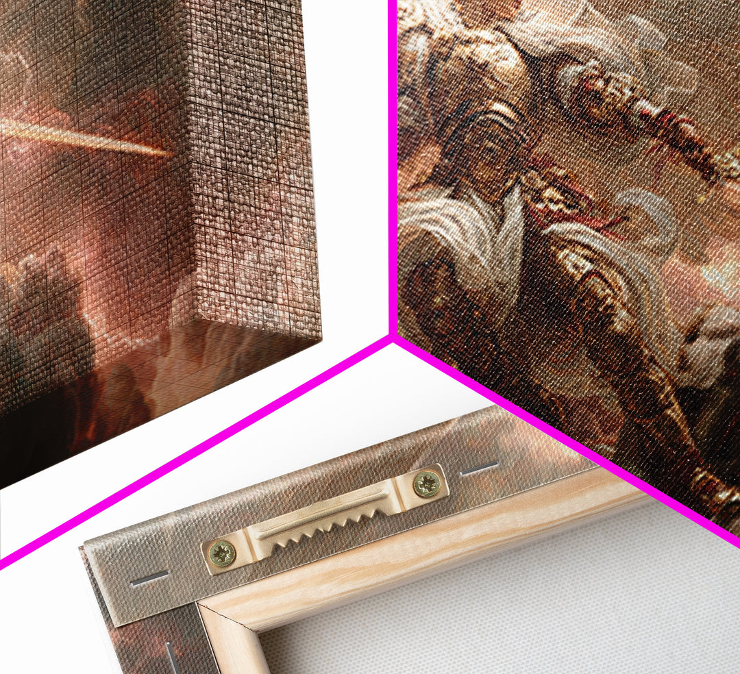 Archangel Warrior In Golden Clouds Wall Art, Christian Canvas Print, Angel Sword Fantasy Art, Spiritual Home Decor Gift For Him