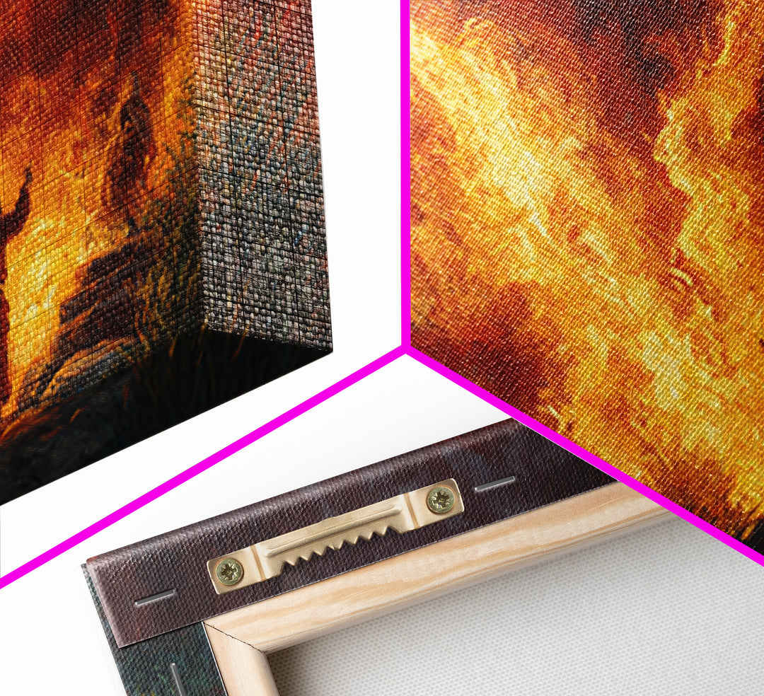 Prophet Before Roaring Flames Canvas Print, Biblical Fire Wall Art, Dramatic Spiritual Prayer Room Decor, Christian Gift For Him