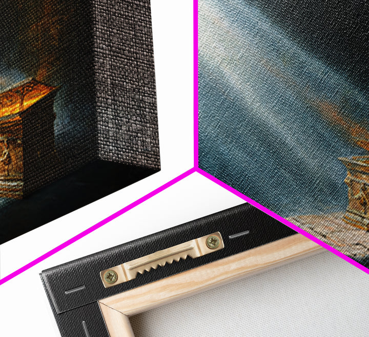 Golden Ark In Sacred Shadow Framed Canvas Print, Biblical Wall Art, Dark Academia Decor, Spiritual Housewarming Gift For Her
