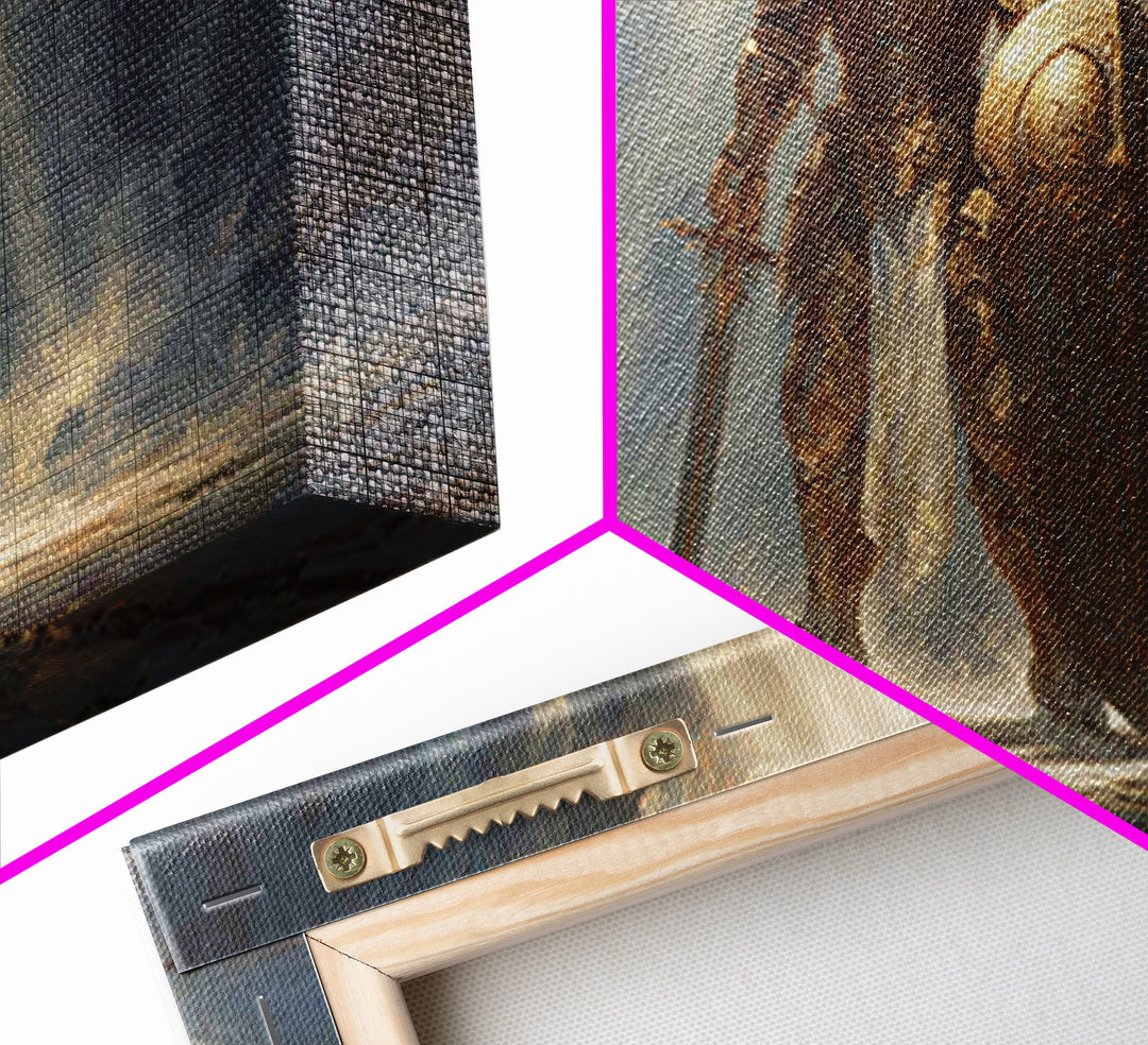 Golden Knight In Storm Light Framed Canvas Print, Epic Fantasy Warrior Large Wall Decor, Medieval Armor Art, Gift For Him