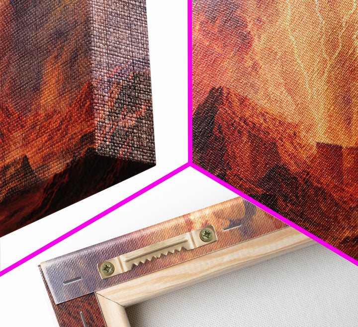 Fiery Mountain Storm With Lightning Over Red Peaks Framed Canvas Print, Dramatic Landscape Wall Art, Large Modern Art, Office Decor