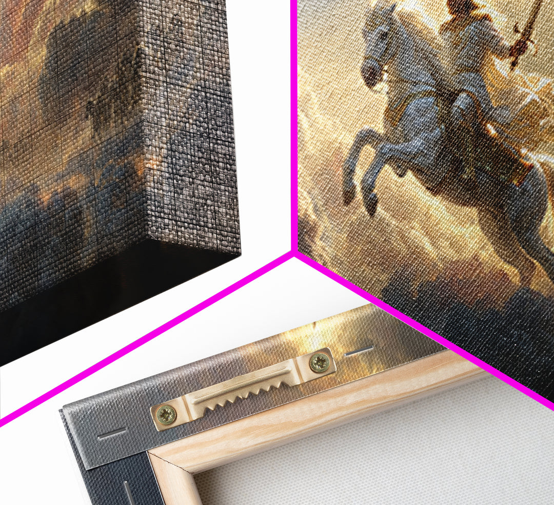 Heavenly Knight On White Horse Framed Canvas Print, Cloud Warrior Fantasy Art, Christian Wall Art, Epic Gift For Him, Living Room Decor