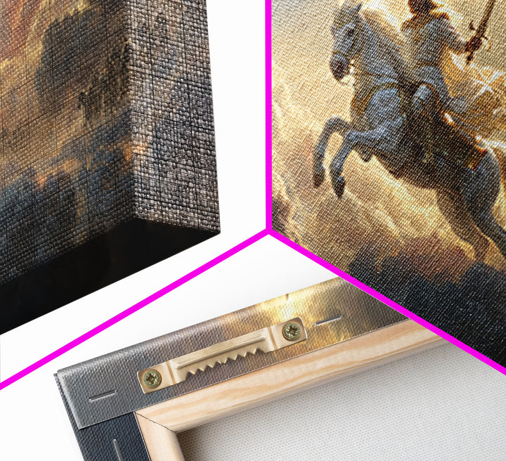 Heavenly Knight On White Horse Framed Canvas Print, Cloud Warrior Fantasy Art, Christian Wall Art, Epic Gift For Him, Living Room Decor