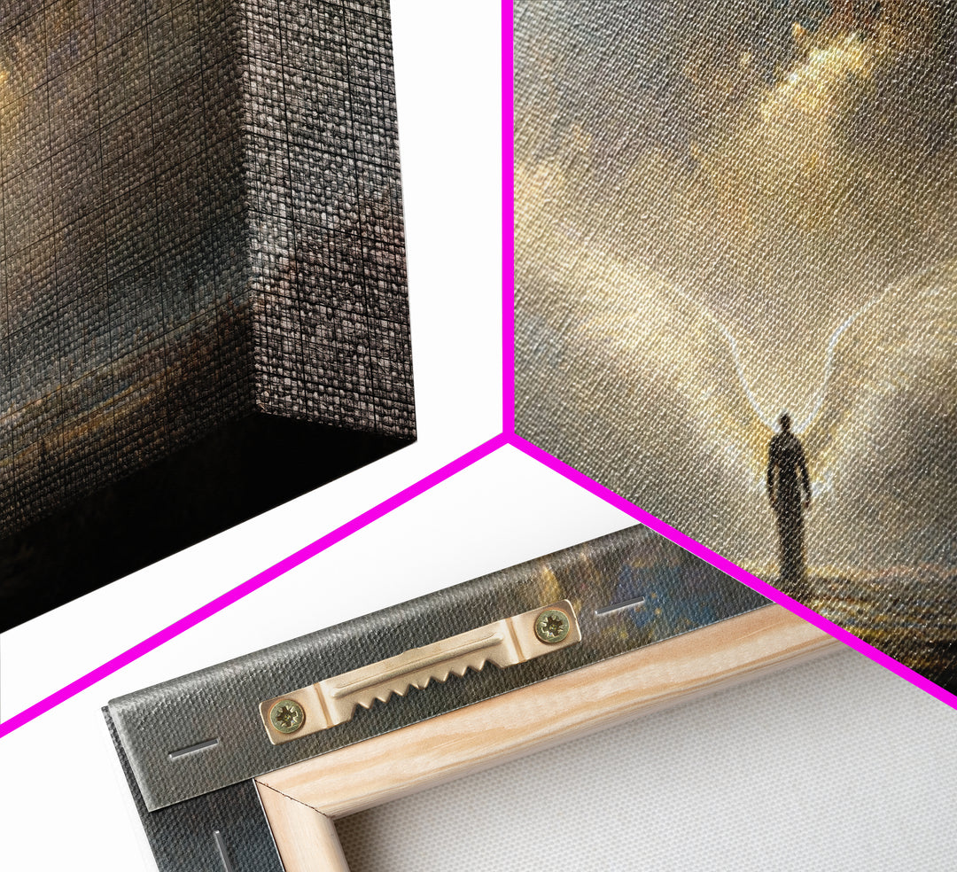 Radiant Angel In Storm Wall Art, Dark Fantasy Spiritual Canvas Print, Moody Religious Decor For Prayer Room And Bedroom Decor