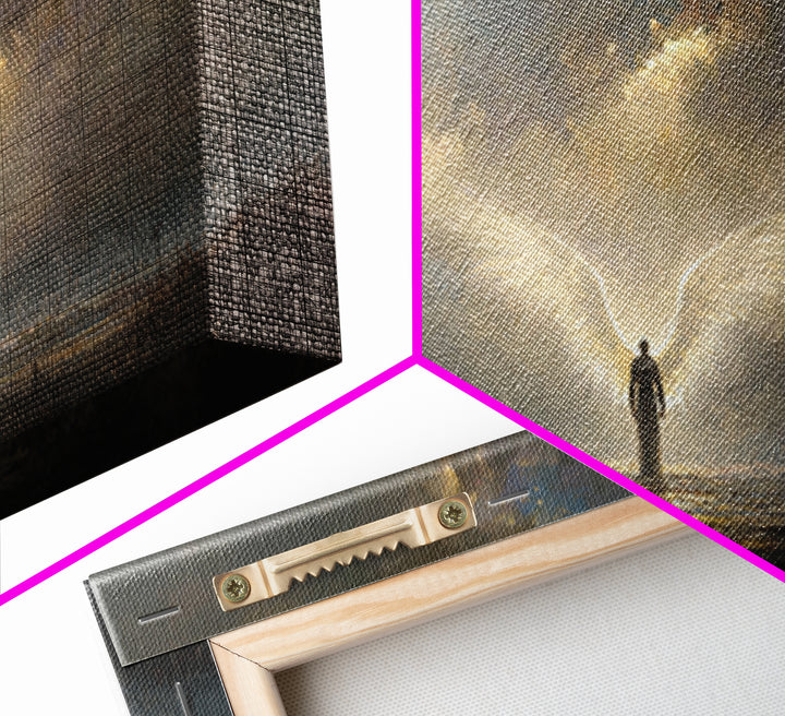 Radiant Angel In Storm Wall Art, Dark Fantasy Spiritual Canvas Print, Moody Religious Decor For Prayer Room And Bedroom Decor