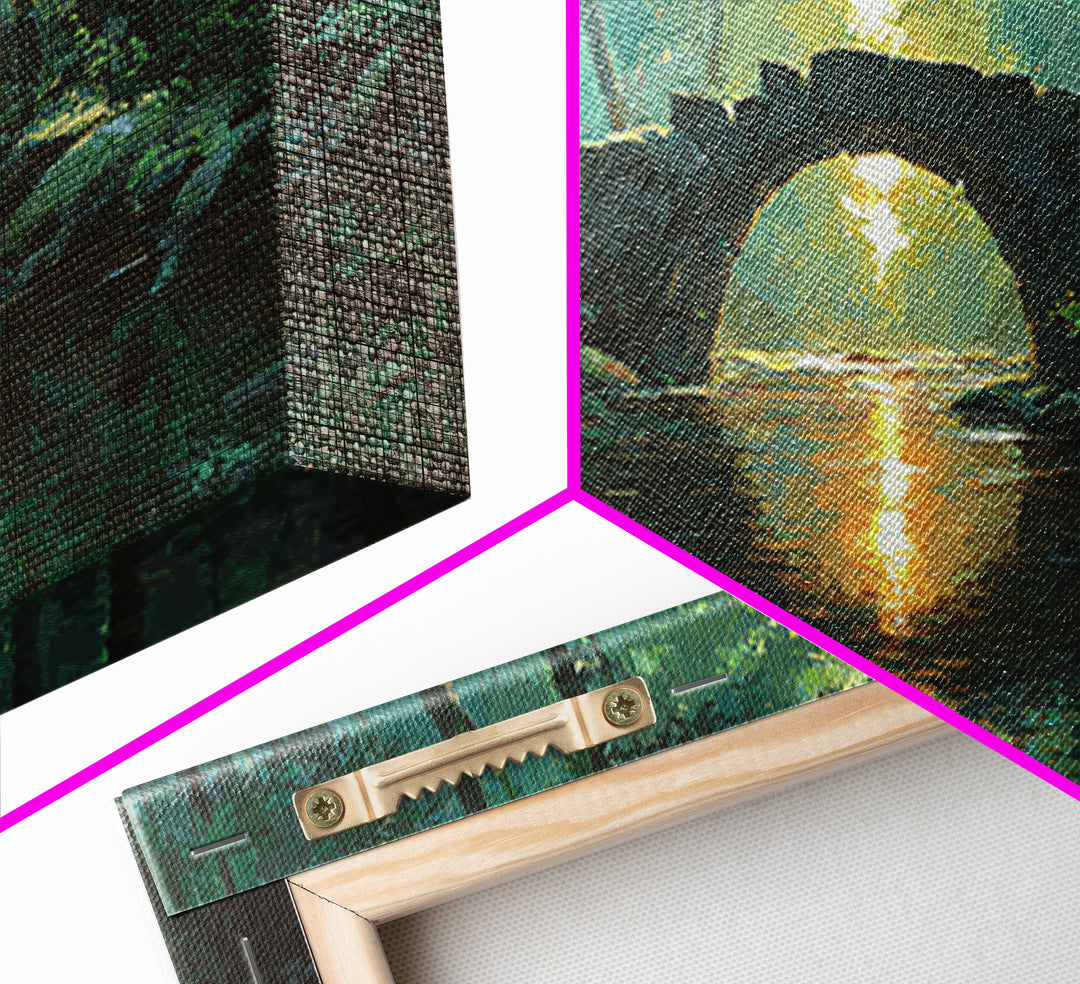 Sunlit Stone Bridge Over Forest River Canvas Print, Tranquil Landscape Wall Art, Japandi Nature Decor, Calming Home Gift