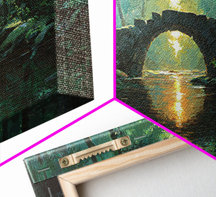 Sunlit Stone Bridge Over Forest River Canvas Print, Tranquil Landscape Wall Art, Japandi Nature Decor, Calming Home Gift