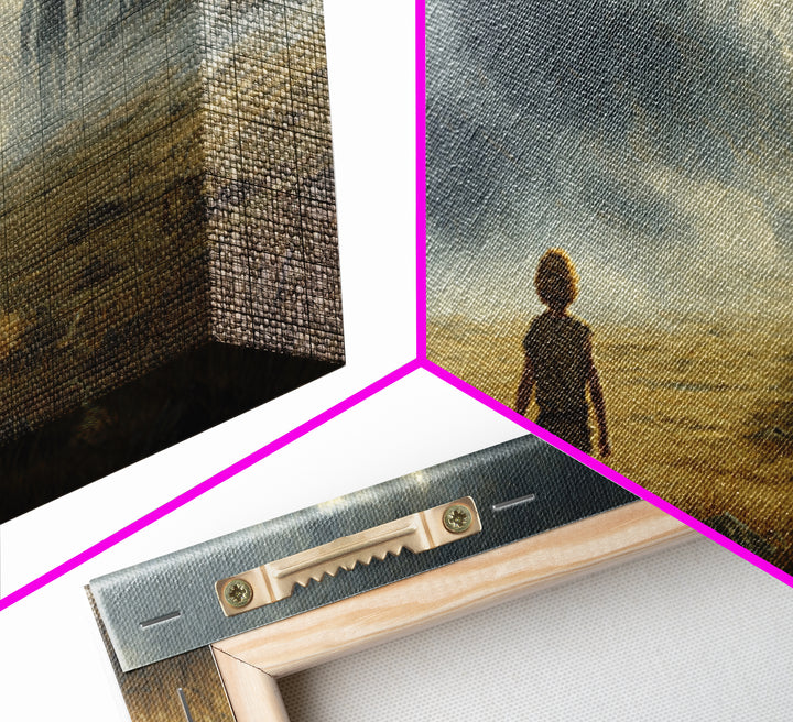 Child Facing Giant In Stormy Valley Wall Art, Fantasy Landscape Canvas Print, Moody Adventure Decor, Dark Surreal Gift For Him