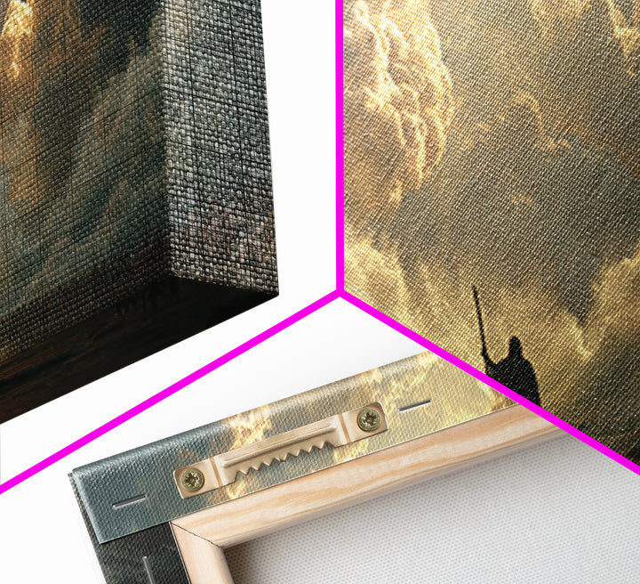 Epic Warrior Under Golden Storm Clouds Canvas Print, Fantasy Wall Art, Dramatic Battle Landscape, Medieval Decor Gift For Him