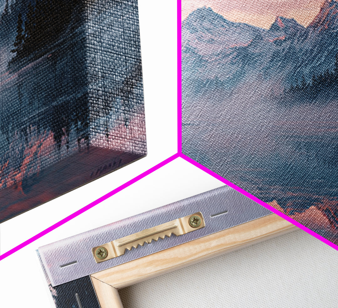 Pink Alpine Mountain Lake Wall Art, Misty Forest Landscape Canvas Print, Nature Decor, Large Wall Art For Living Room Decor