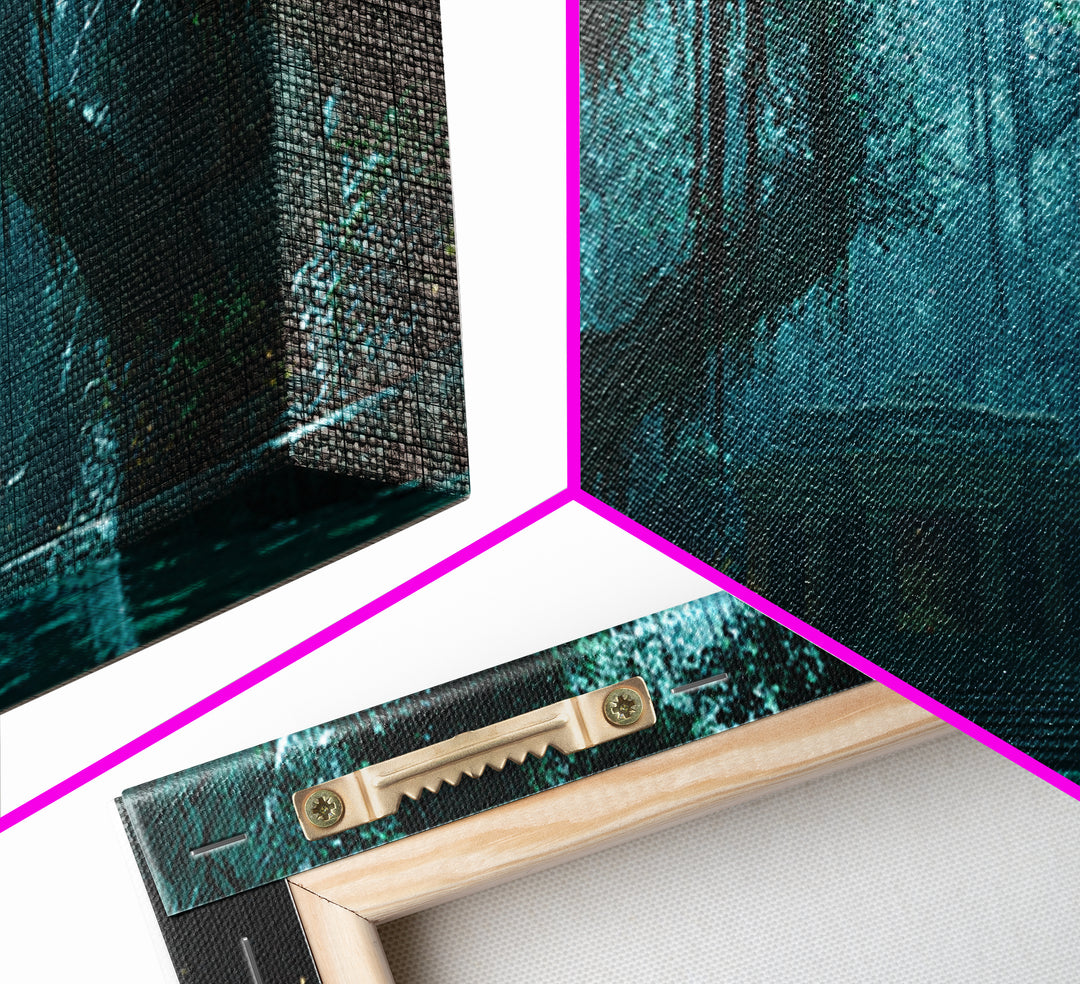 Teal Jungle Temple Cave With Waterfall Wall Art, Fantasy Canvas Print, Moody Nature Decor, Zen Home Decor, Unique Gift For Her