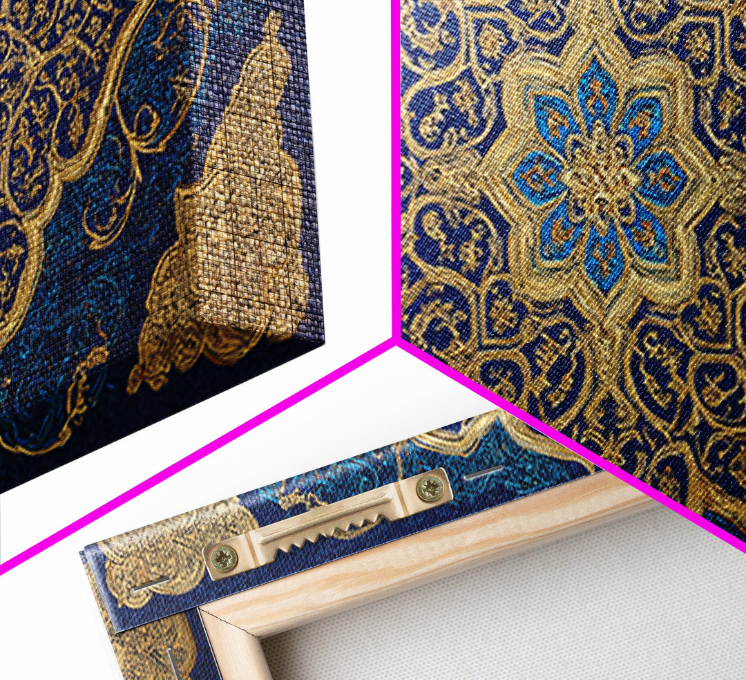 Blue Gold Islamic Geometric Wall Art, Ornate Arabic Pattern Canvas Print, Moroccan Home Decor, Elegant Ramadan Gift For Prayer Room