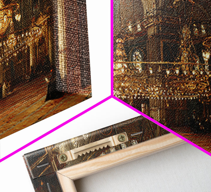 Ornate Mosque Interior With Golden Chandeliers Framed Canvas Print, Islamic Architecture Wall Art, Elegant Ramadan Decor