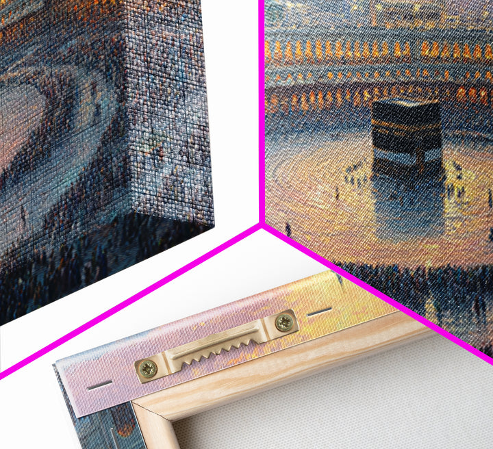 Sunset Kaaba Pilgrimage At Mecca Framed Canvas Print, Islamic Wall Art, Muslim Home Decor, Spiritual Gift, Prayer Room Decor