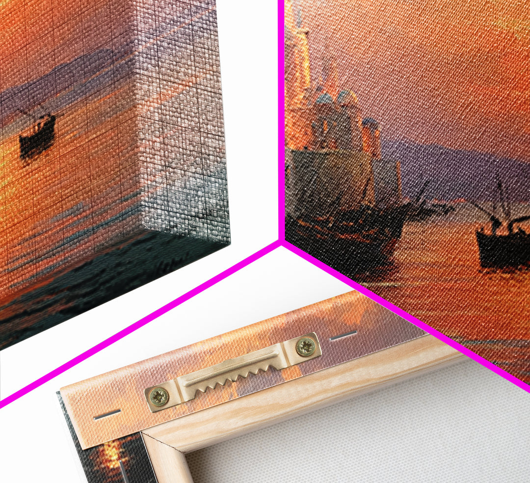 Mediterranean Dome Harbor Sunset Canvas Print, Coastal Wall Art, Italian Seascape Decor, Boats Over Water, Travel Gift Idea