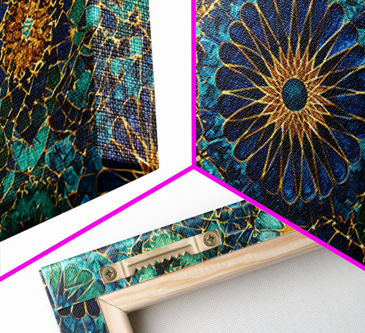 Teal Gold Floral Mosaic Canvas Print, Moroccan Wall Art, Geometric Pattern Decor, Mediterranean Tile Gift For Her, Luxury Home Decor