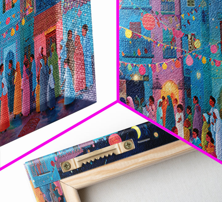 Colorful Moonlit Wedding Street Wall Art, Mediterranean Festival Canvas Print, Dopamine Decor, Joyful Village Poster Gift