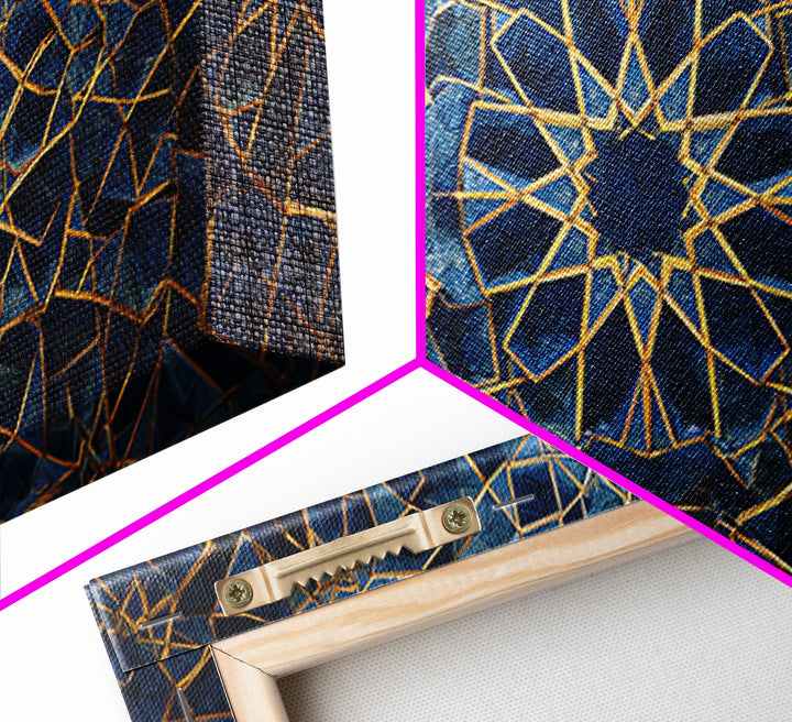 Blue Gold Islamic Geometric Wall Art, Sacred Pattern Canvas Print, Moroccan Tile Decor For Modern Living Room Home Decor Gift