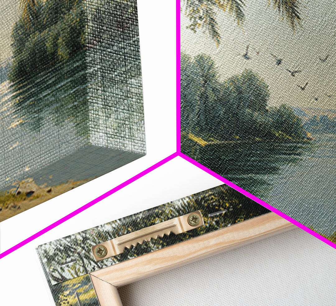 Palm Shaded River Reader Canvas Print, Serene Tropical Landscape Wall Art, Coastal Home Decor, Office Decor, Housewarming Gift For Her