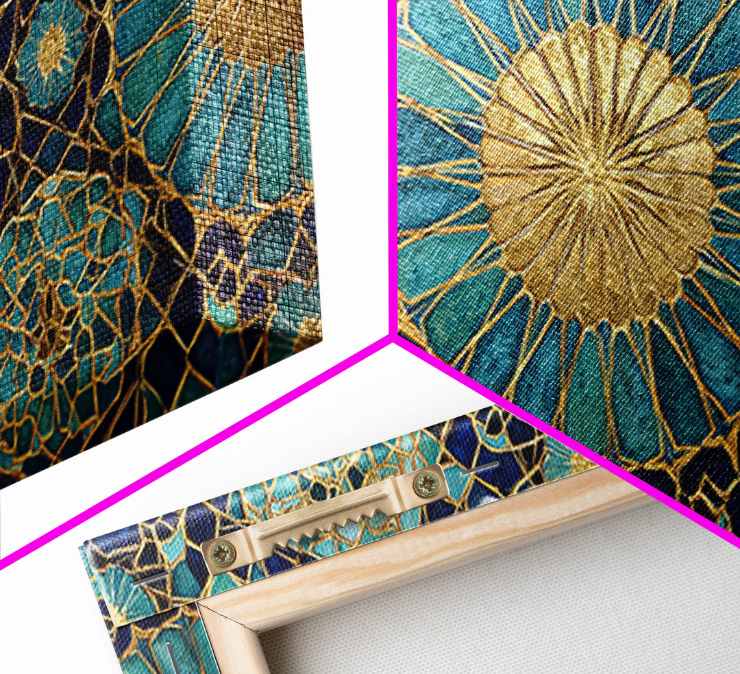 Teal And Gold Islamic Geometric Mosaic Wall Art, Moroccan Decor, Arabic Pattern Art, Spiritual Canvas Print, Luxury Home Decor