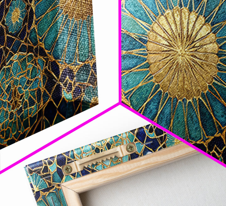 Teal And Gold Islamic Geometric Mosaic Wall Art, Moroccan Decor, Arabic Pattern Art, Spiritual Canvas Print, Luxury Home Decor