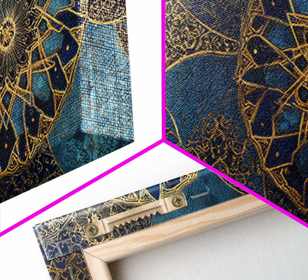 Blue Gold Islamic Mandala Wall Art, Moroccan Geometric Canvas Print, Arabic Home Decor, Large Living Room Wall Decor, Gift