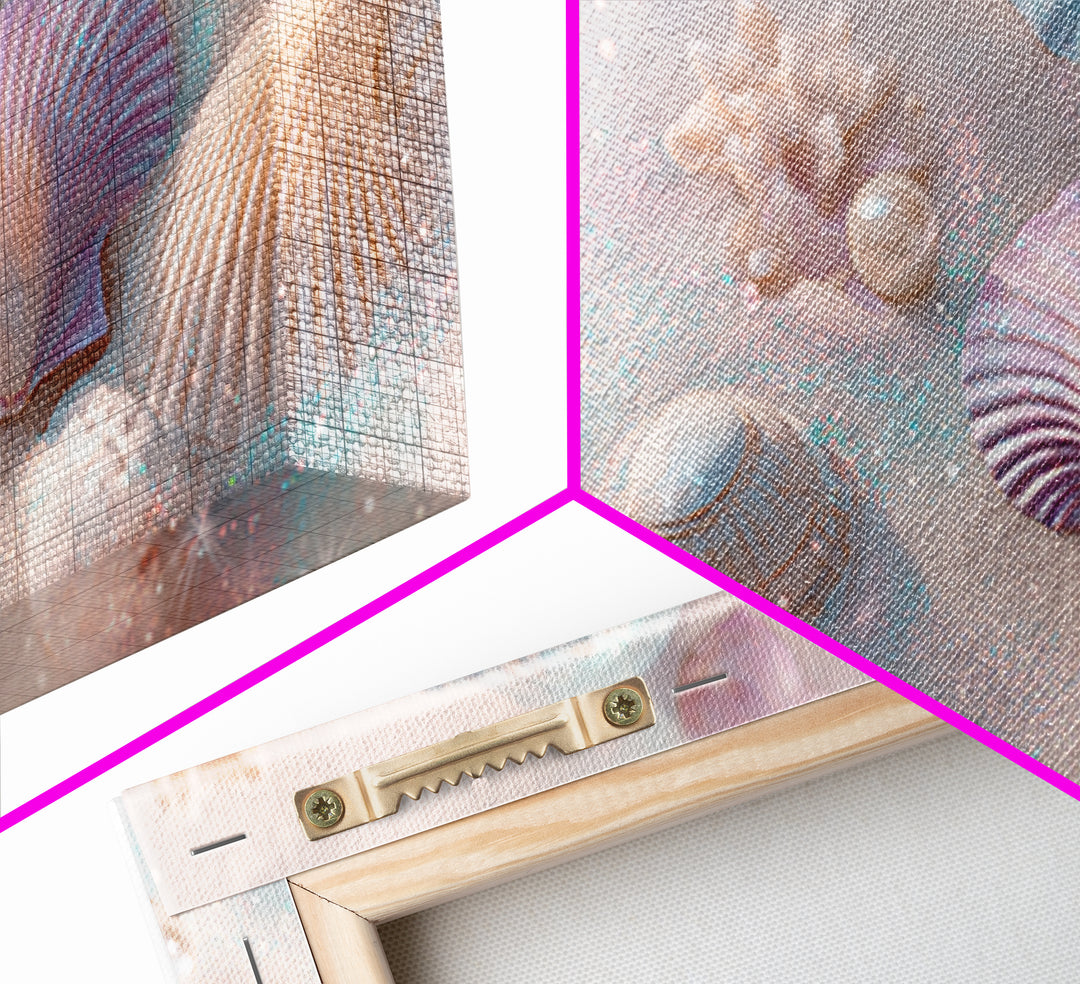 Pastel Seashells And Starfish Canvas Print, Coastal Beach Wall Art, Beach House Decor, Pastel Bathroom Decor, Ocean Nursery Gift For Her