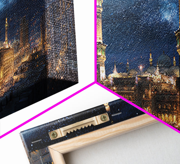 Starry Mecca Minarets At Night Wall Art, Islamic Framed Canvas Print, Celestial City Decor For Prayer Room And Living Room