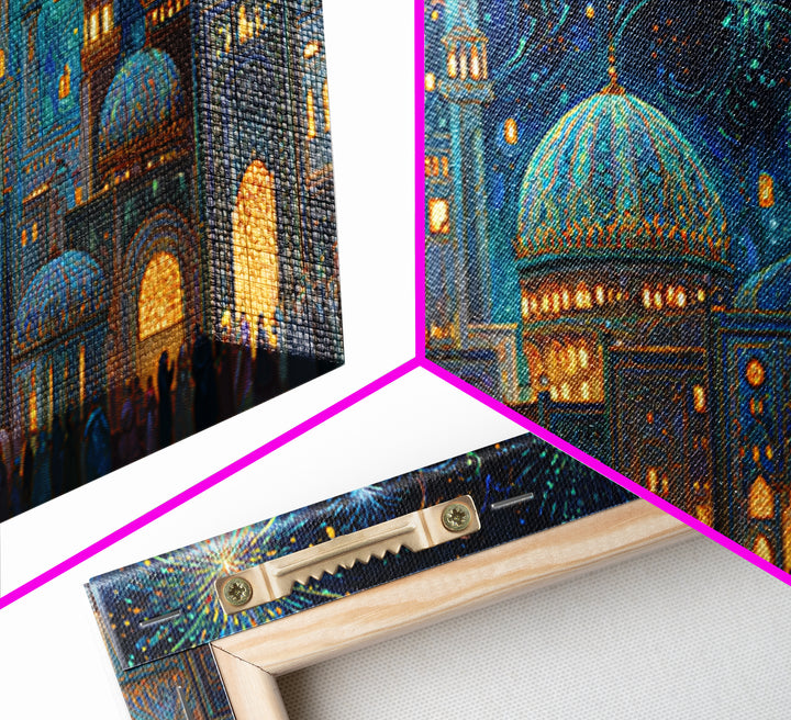 Festive Islamic City With Crescent Moon Framed Canvas Print, Ramadan Wall Art, Moroccan Decor, Eid Gift, Celestial Poster