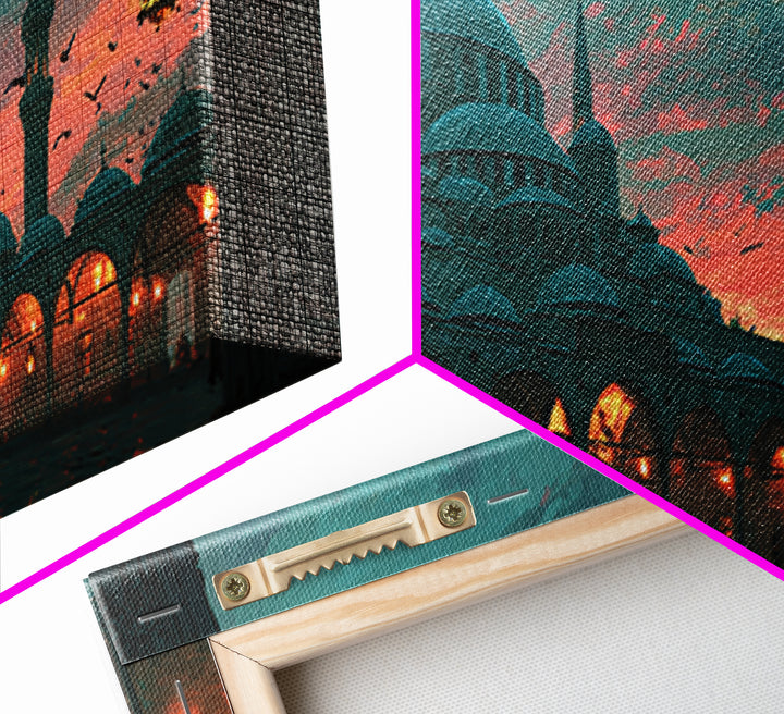 Twilight Mosque Courtyard Framed Canvas Print, Islamic Architecture Wall Art, Istanbul Travel Poster And Prayer Room Decor