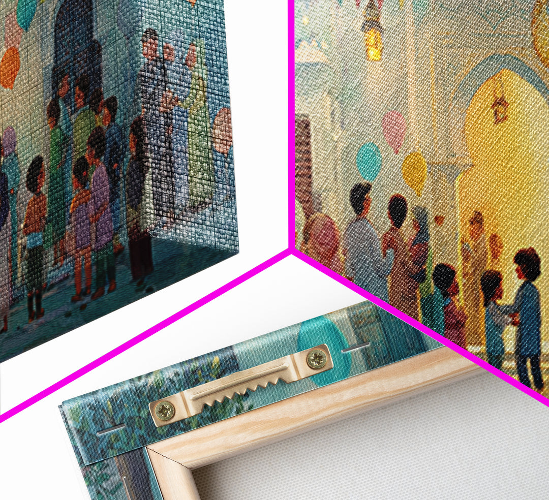 Ramadan Courtyard Celebration With Balloons Wall Art, Islamic Home Decor, Family Gathering Print, Eid Housewarming Gift Idea