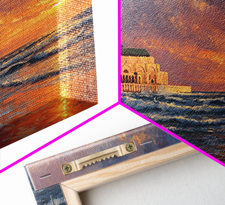 Casablanca Mosque Sunset Wall Art, Moroccan Coastal Seascape Canvas Print, Islamic Architecture, Ocean Decor For Living Room