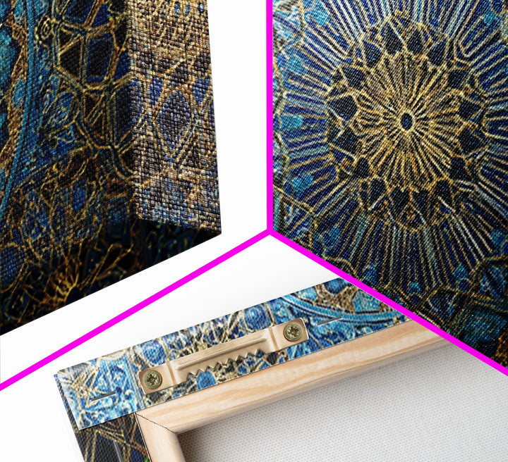 Blue Gold Islamic Geometric Wall Art, Moroccan Mosaic Canvas Print, Sacred Geometry Decor, Luxury Prayer Room Wall Decor