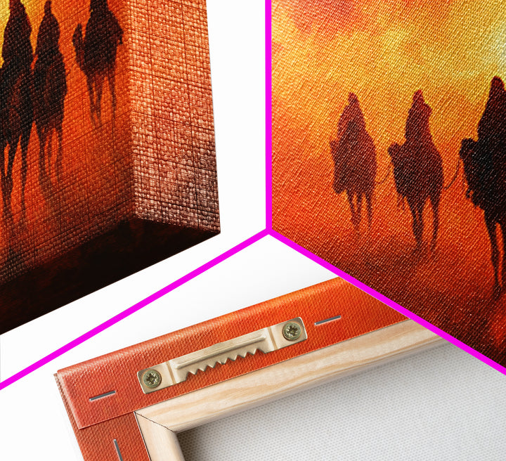 Desert Riders At Blazing Sunset Framed Canvas Print, Western Wall Art, Cowboy Landscape For Rustic Southwestern Home Decor Gift