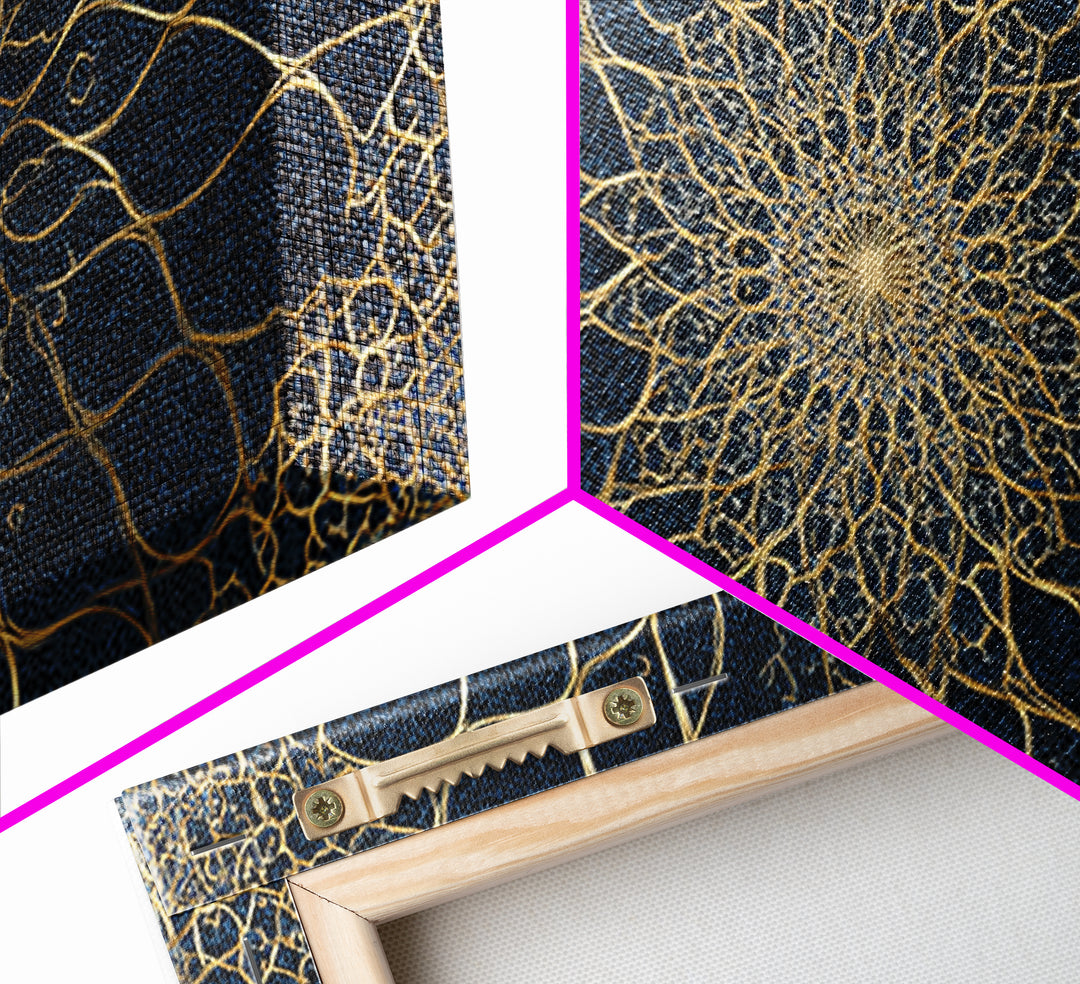 Navy Gold Sacred Geometry Mandala Wall Art, Mystical Spiritual Canvas Wall Art For Meditation Room Decor And Modern Home Decor