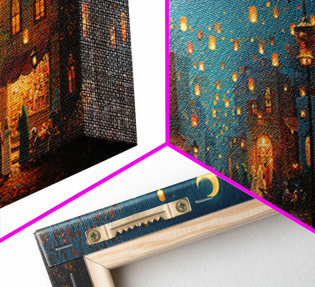 Lantern Lit Old City Bazaar Canvas Print, Crescent Moon Islamic Wall Art, Moroccan Night Market Decor And Ramadan Gift For Home Decor