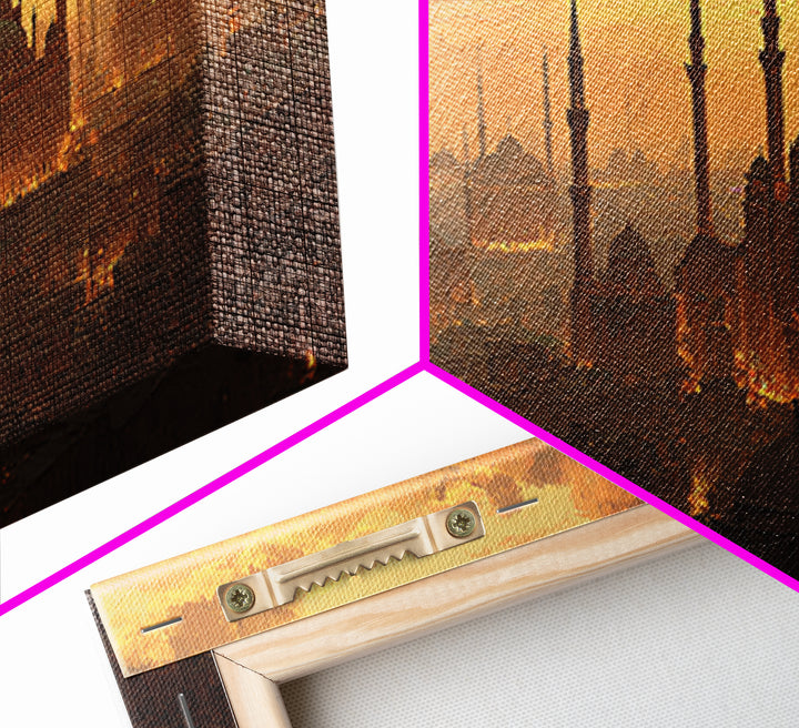 Golden Istanbul Mosque Skyline Wall Art, Islamic Architecture Canvas Print, Sunset Cityscape, Travel Inspired Living Room Decor