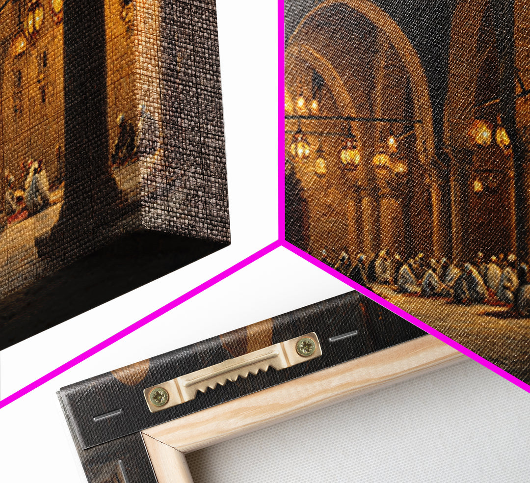 Candlelit Stone Arcade Prayer Scene Wall Art, Islamic Architecture Print, Moody Historic Decor, Large Framed Canvas, Living Room Decor