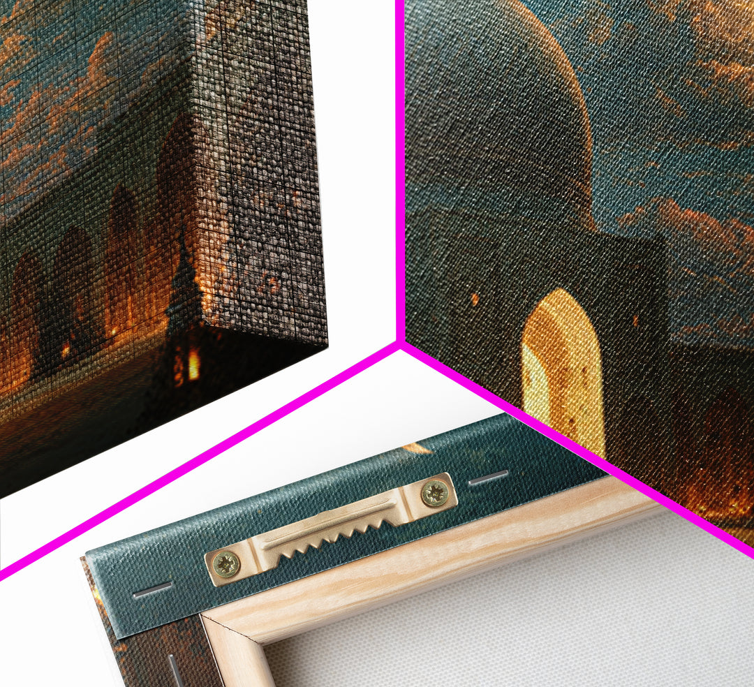Crescent Moon Mosque Courtyard Framed Canvas Print, Islamic Wall Art, Ramadan Decor, Arabic Architecture Gift For Prayer Room Decor